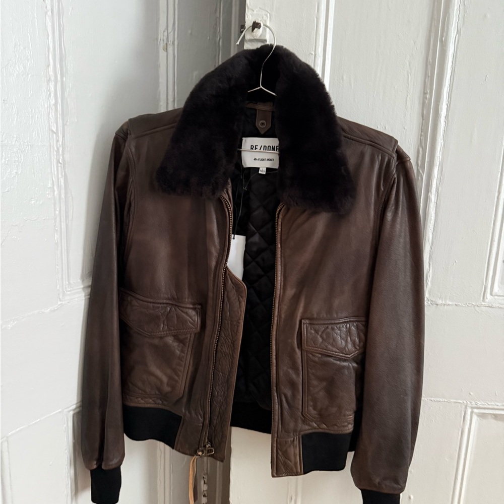 Re/Done Brown Leather Bomber Jacket
